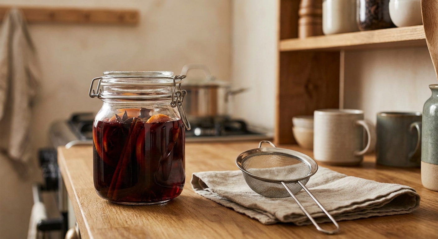 A glass jar filled with deep red mulled wine with a tight lid sitting on a kitchen counter next to a small strainer