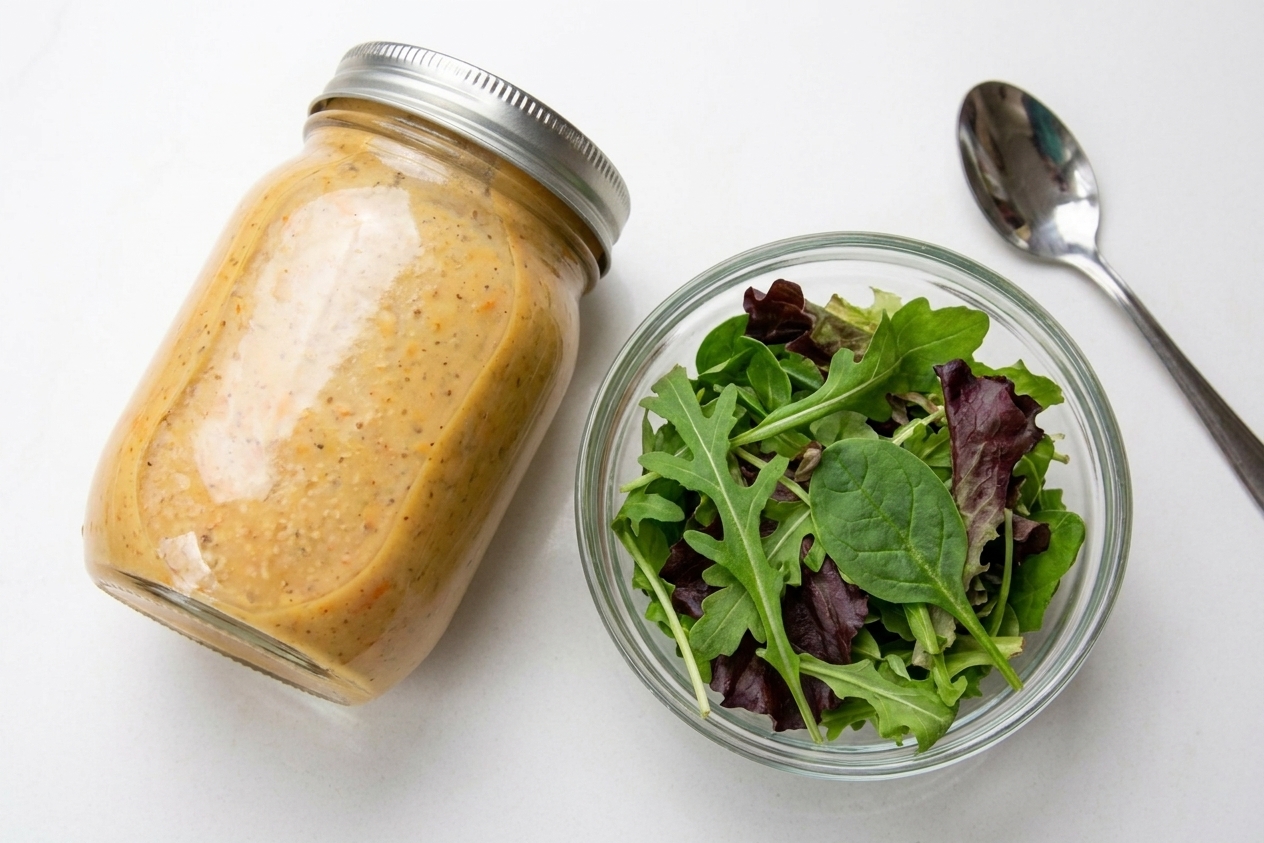 A glass jar filled with ginger dressing with the lid on, sitting on a kitchen counter next to a small bowl of salad greens