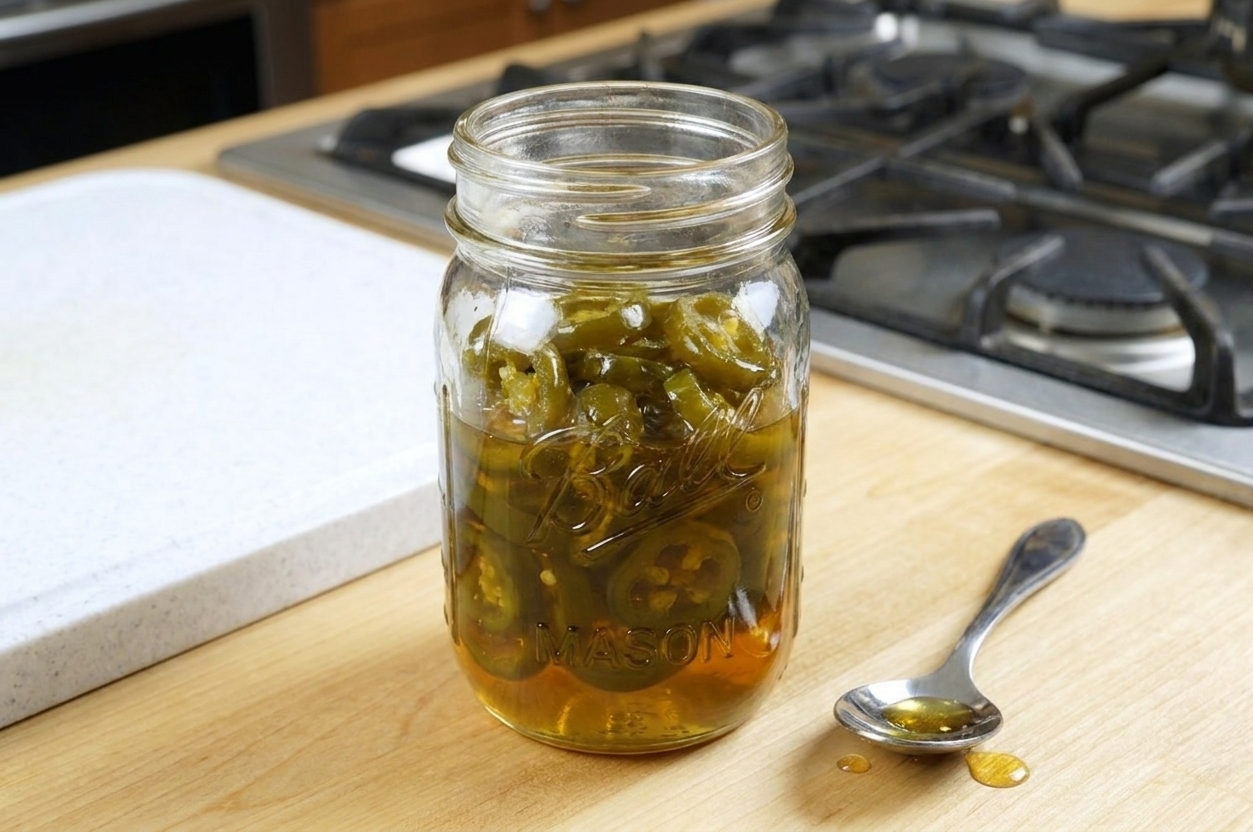 A glass jar filled with glossy candied jalapeño rings and golden syrup on a bright kitchen counter with a small spoon nearby