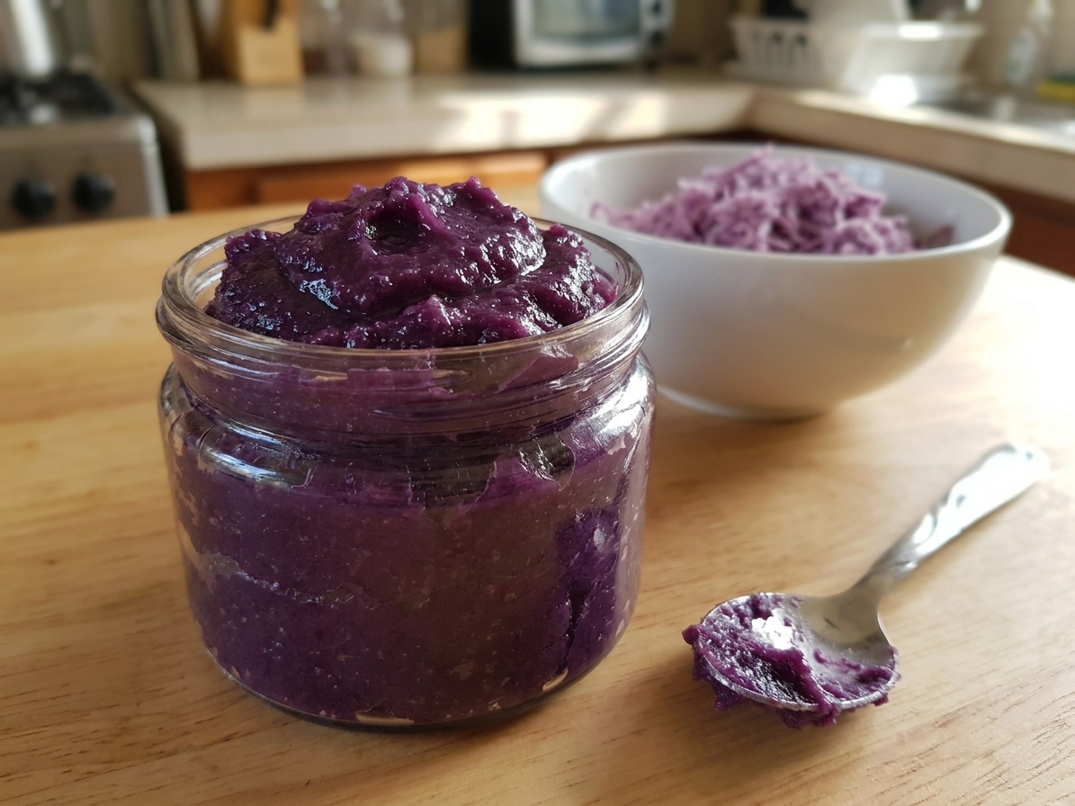 A glass jar filled with glossy deep purple ube halaya on a light kitchen counter, with a small spoon and a softly blurred bowl of grated ube nearby