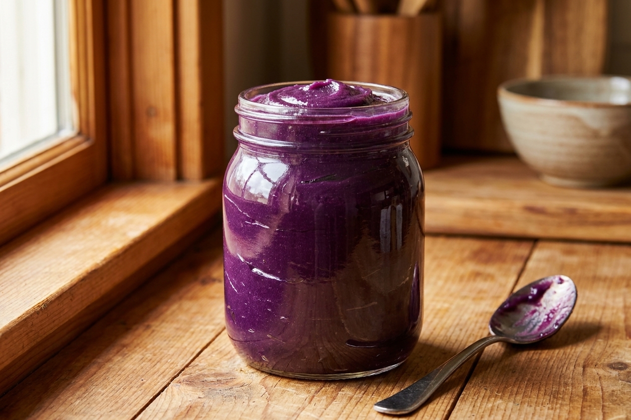A glass jar filled with glossy deep purple ube halaya on a wooden kitchen counter with a spoon resting beside it, warm natural light