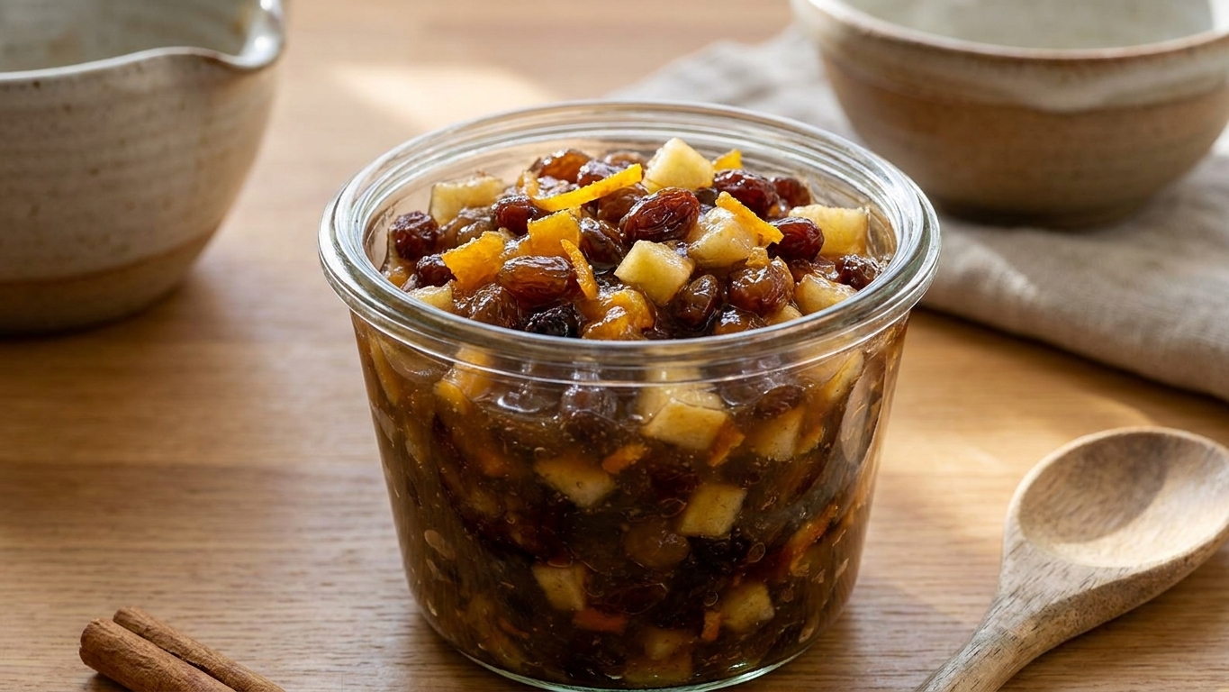 A glass jar filled with glossy homemade mincemeat with visible raisins, chopped apples, and orange zest on a warm kitchen counter, soft natural light