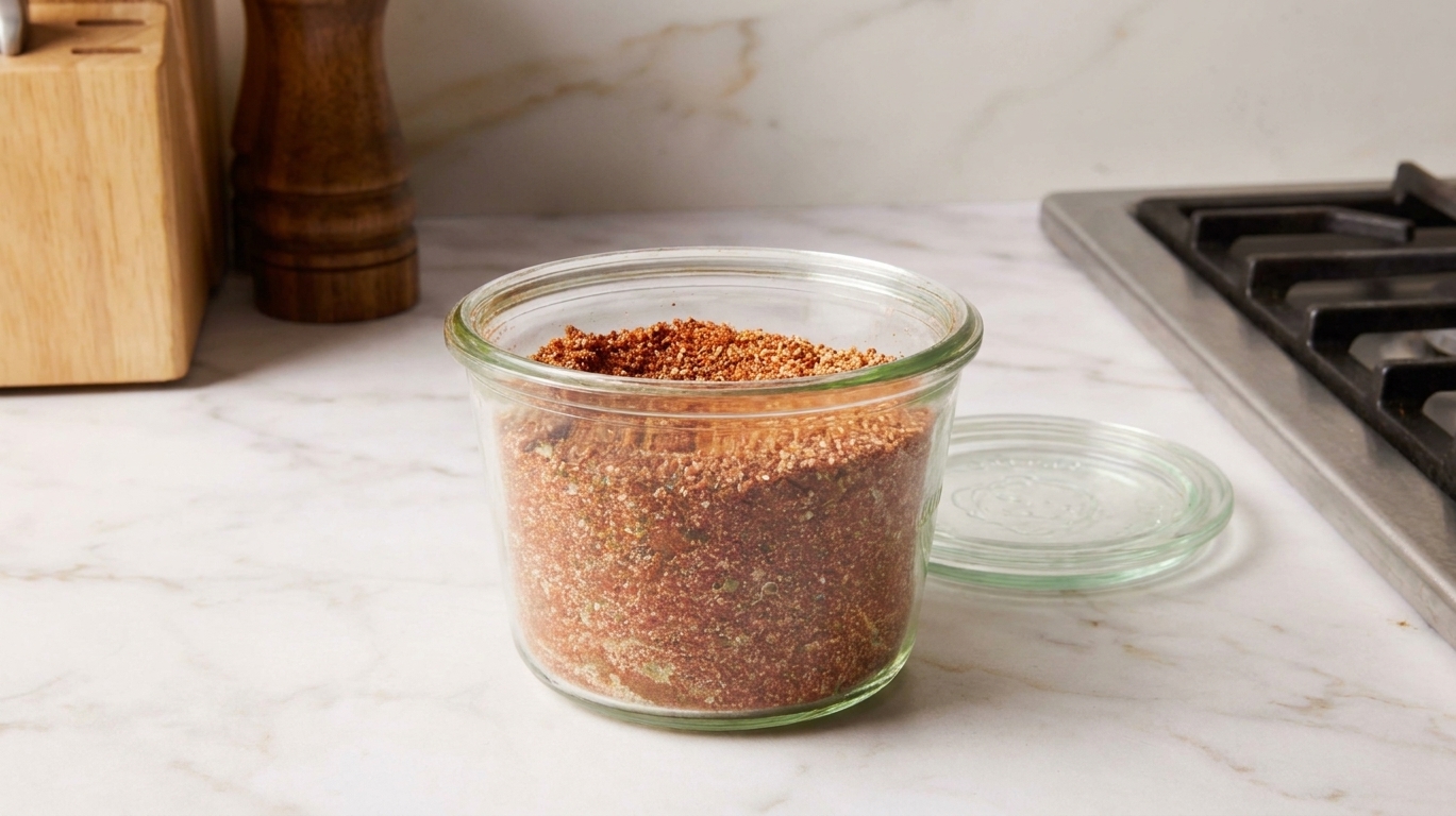 A glass jar filled with hamburger seasoning blend with the lid off on a kitchen counter