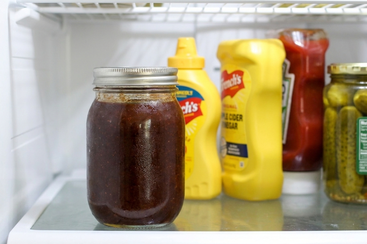 A glass jar filled with homemade BBQ sauce on a refrigerator shelf next to other condiments
