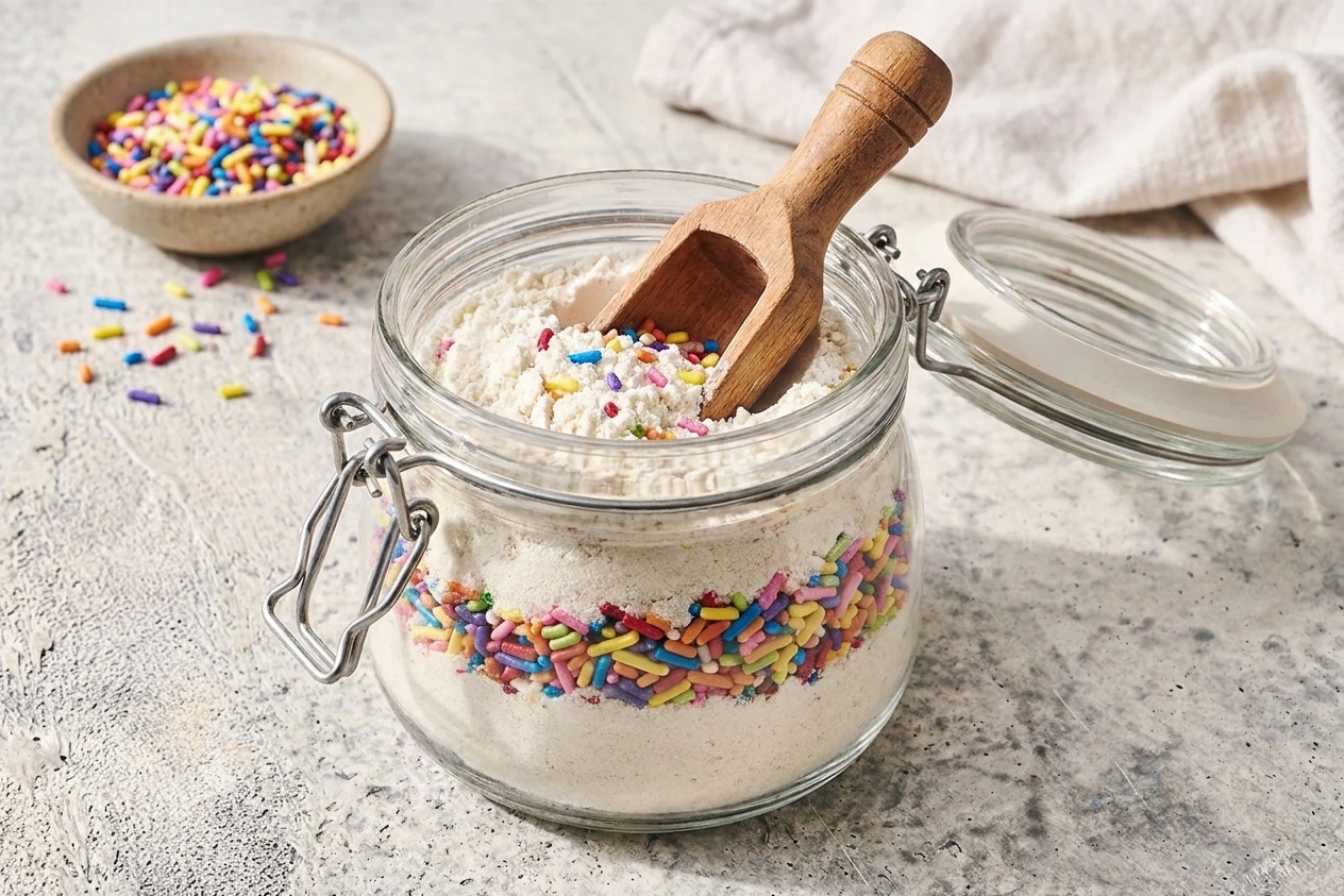 A glass jar filled with homemade dry cake mix on a clean kitchen counter with a metal clamp lid