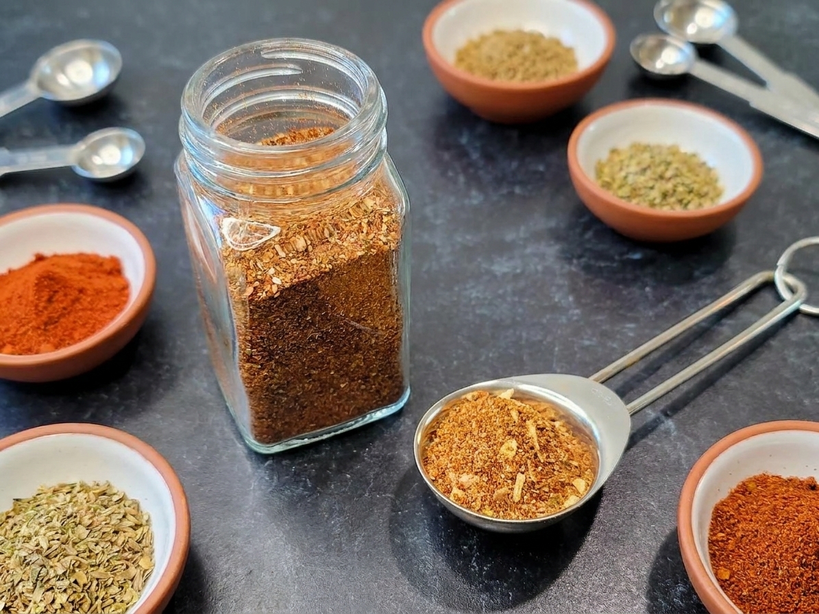 A glass jar filled with homemade taco seasoning on a bright kitchen counter with measuring spoons and small bowls of spices nearby
