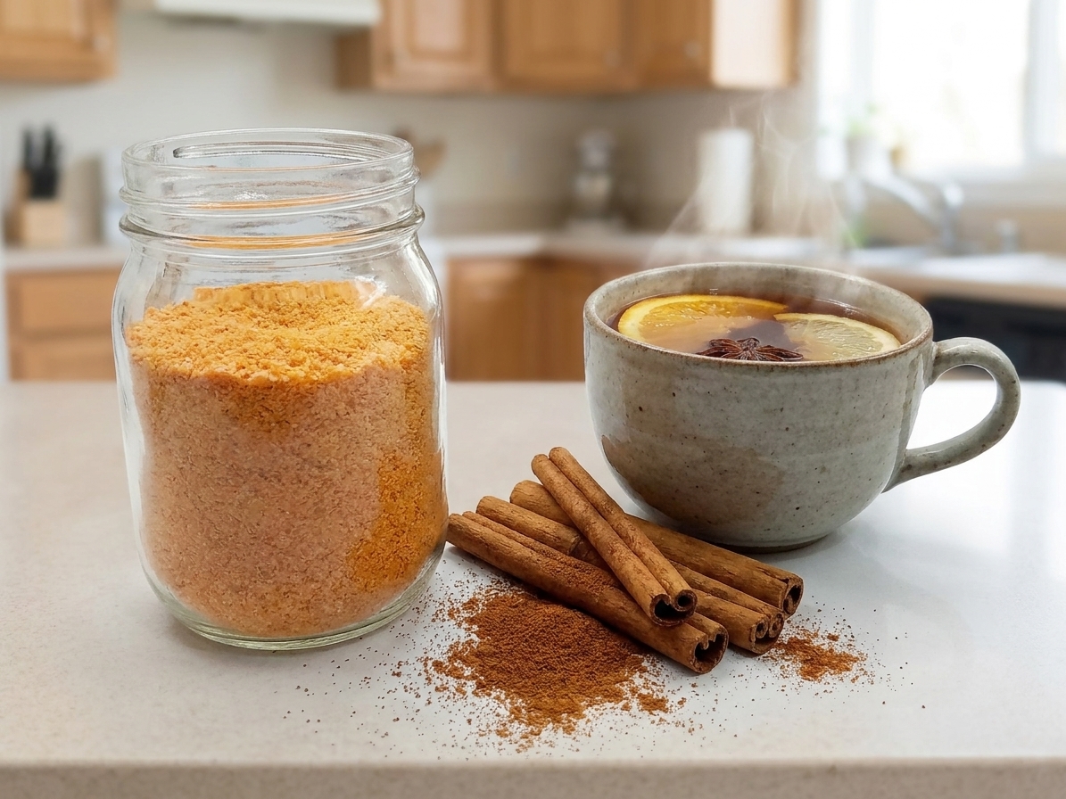 A glass jar filled with orange-tinted Russian tea mix on a light kitchen counter, with cinnamon and a mug of steaming tea nearby