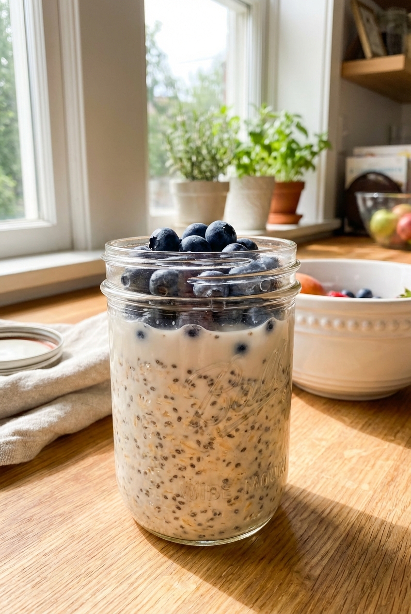 A glass jar filled with overnight oats and blueberries in a bright kitchen