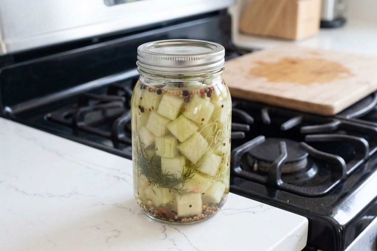 A glass jar filled with pale green watermelon rind pickles in clear spiced brine on a kitchen counter