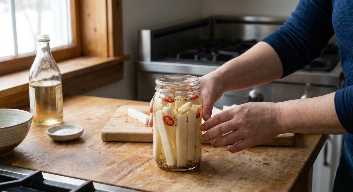 A glass jar filled with pale white daikon radish sticks in clear pickling brine, with a few red chili slices and garlic cloves visible, sitting on a light kitchen counter