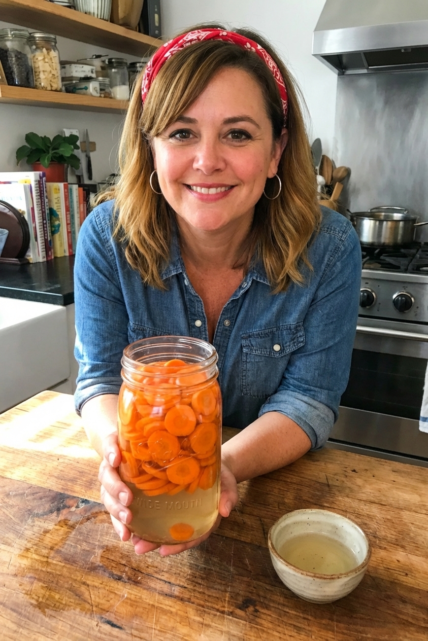 A glass jar filled with quick pickled carrot coins in pale orange brine on a wooden kitchen counter with a small bowl of rice vinegar nearby