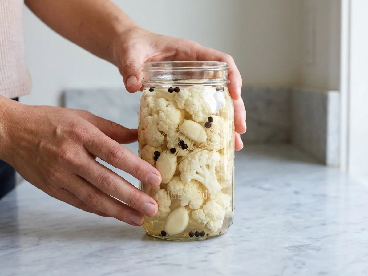 A glass jar filled with quick pickled cauliflower florets in clear vinegar brine with garlic cloves and black peppercorns on a bright kitchen counter