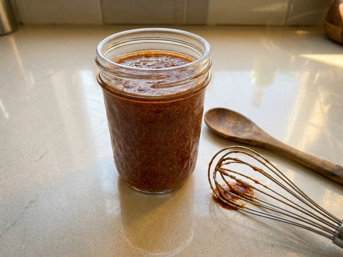 A glass jar filled with reddish-brown mop sauce cooling on a kitchen counter with a whisk nearby
