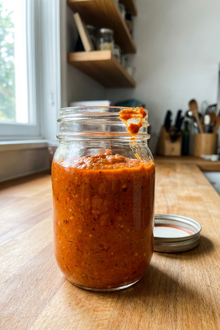 A glass jar filled with romesco sauce on a kitchen counter with a lid beside it, a small smear of sauce on the rim, soft natural light, photorealistic food photography