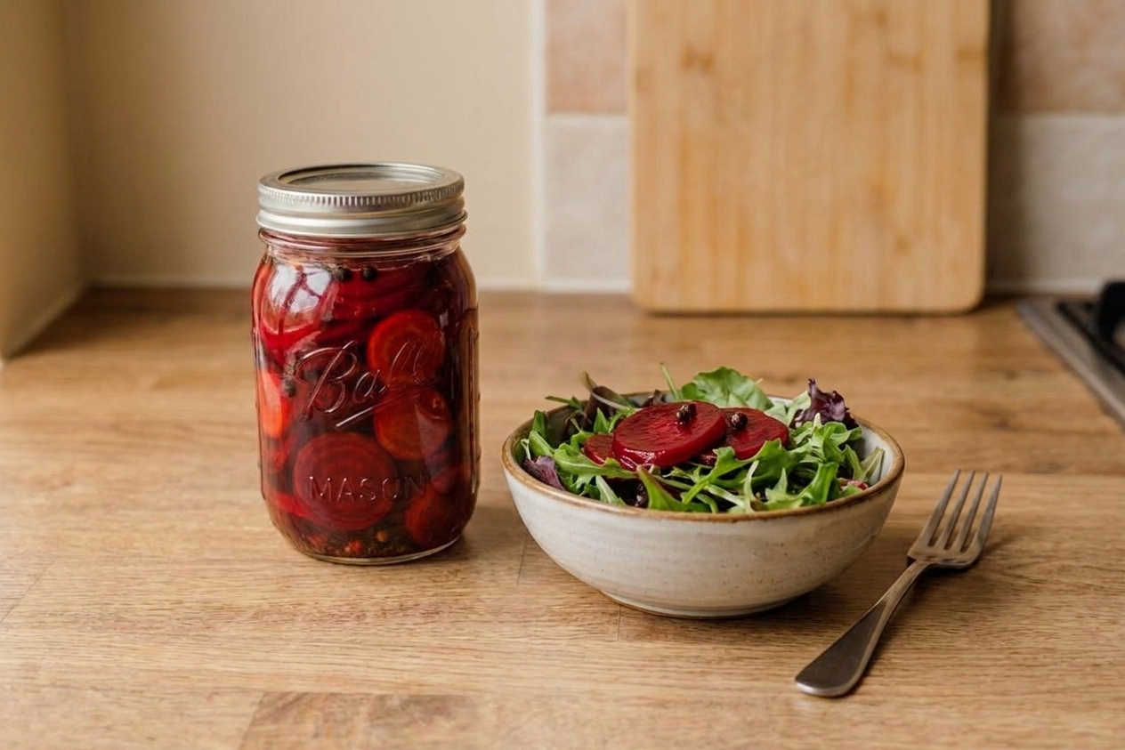 A glass jar filled with ruby-red quick pickled beet slices in brine on a light kitchen counter, with a small bowl of salad greens and a fork nearby