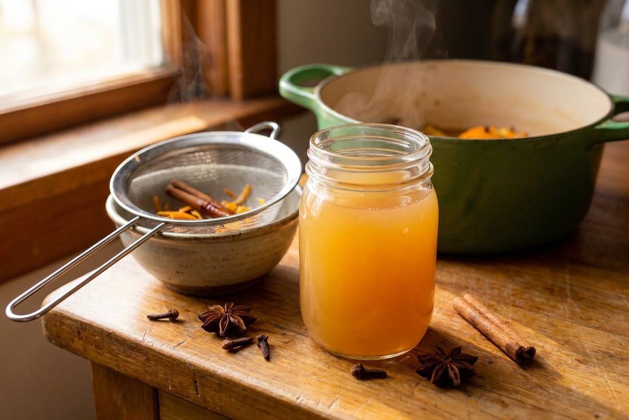 A glass jar filled with strained apple cider cooling on a kitchen counter next to a fine mesh strainer and a pot