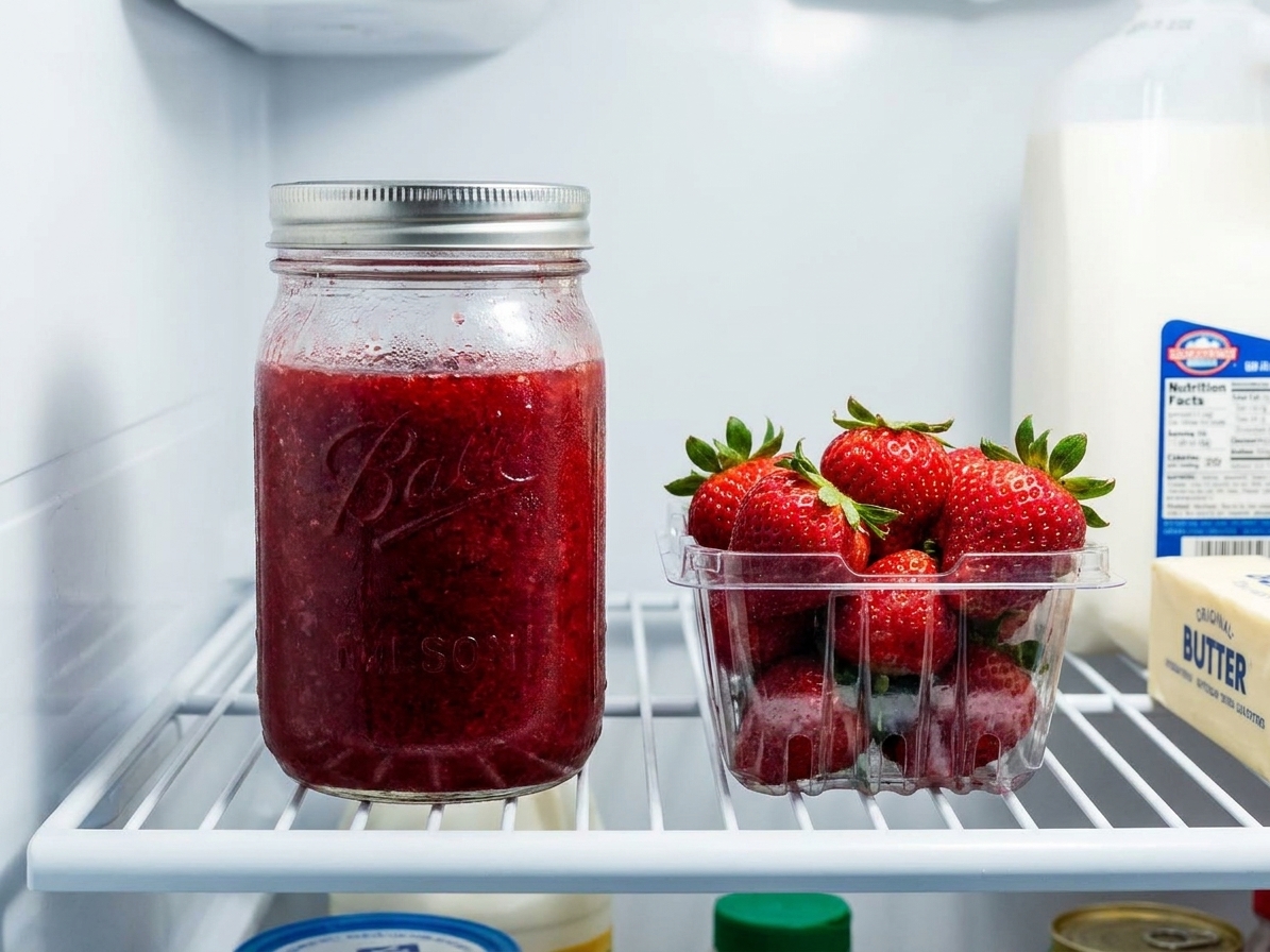 A glass jar filled with strawberry sauce with a lid on, sitting on a refrigerator shelf next to fresh strawberries