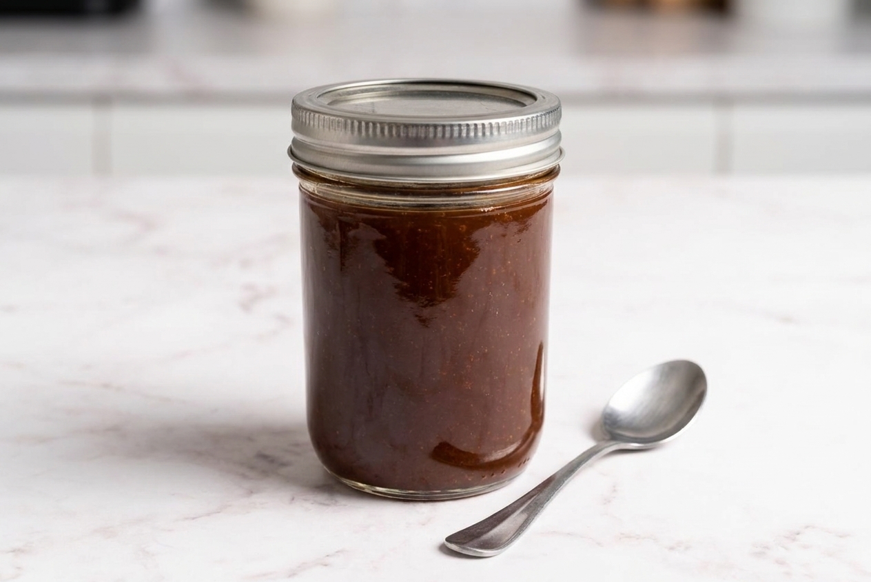 A glass jar filled with sweet and sour sauce on a kitchen counter next to a small spoon, ready for storage