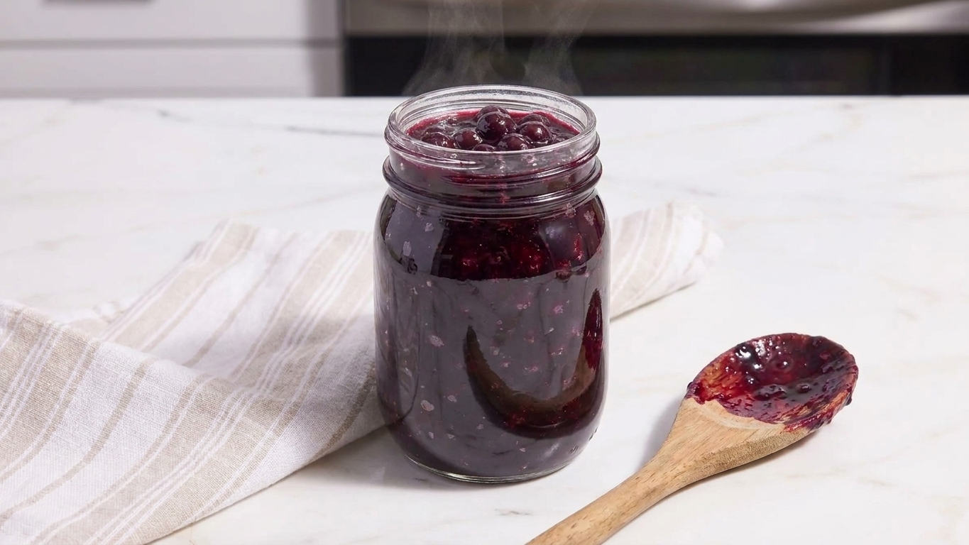 A glass jar filled with thick blueberry pie filling cooling on a kitchen counter with a spoon beside it