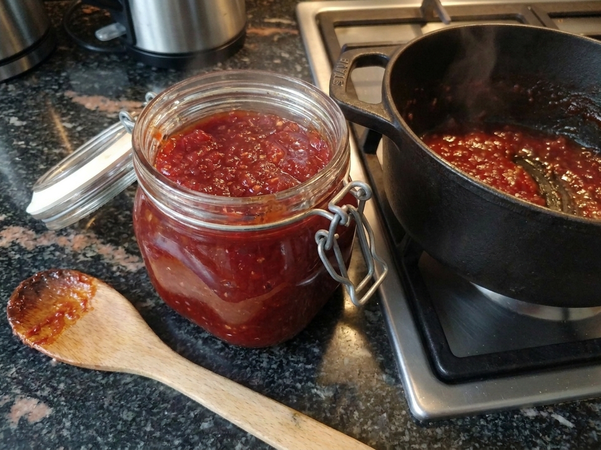 A glass jar filled with tomato jam cooling on a kitchen counter next to the pot and a spoon