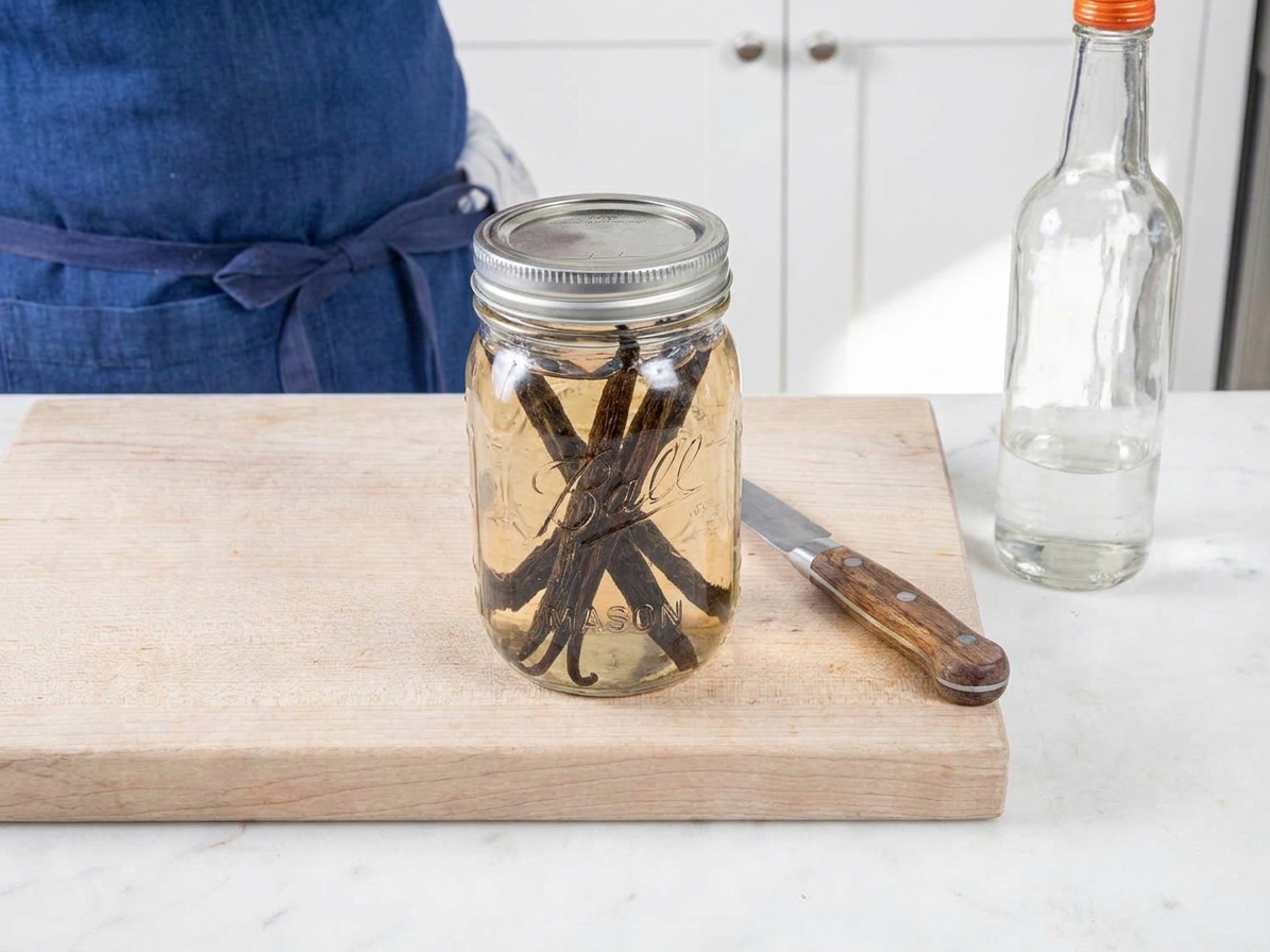 A glass jar filled with vodka and split vanilla beans, freshly assembled on a kitchen counter