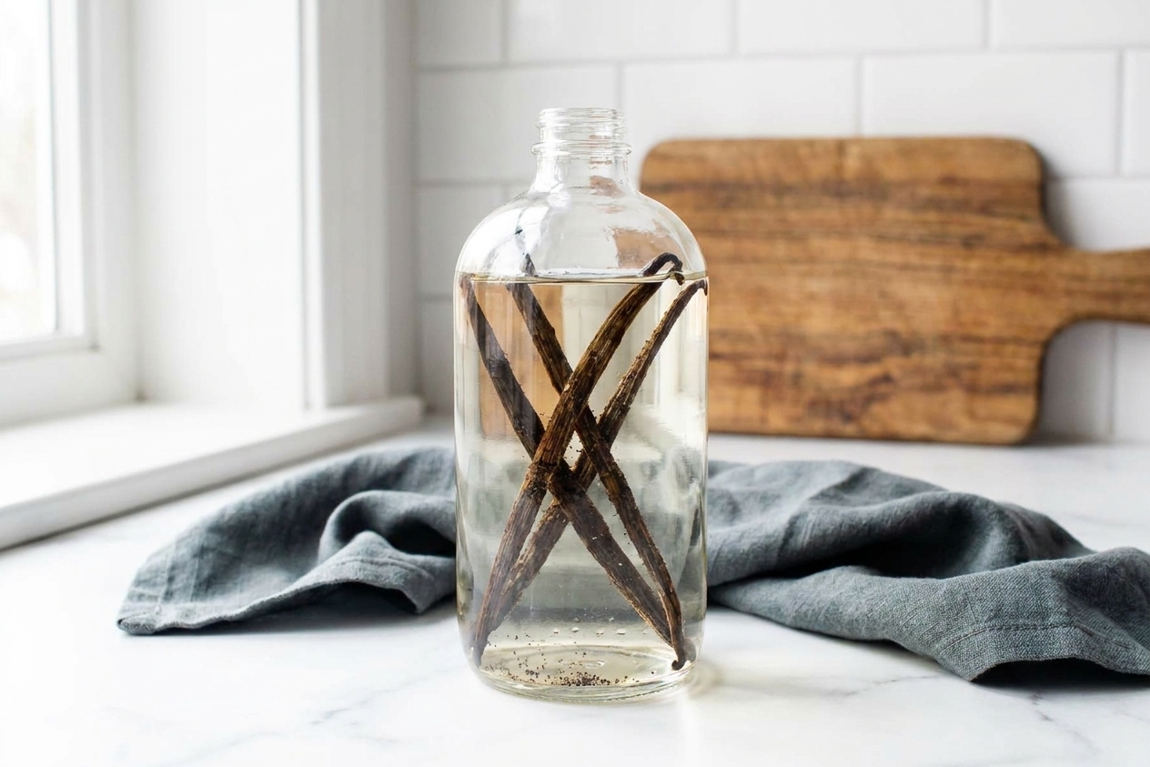 A glass jar filled with vodka and split vanilla beans steeping on a kitchen counter in soft natural light