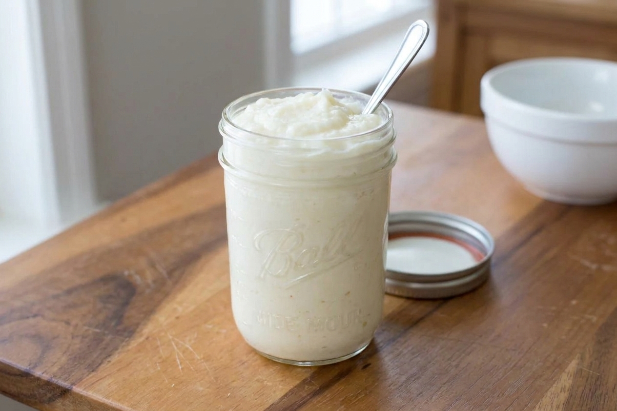 A glass jar filled with white toum garlic sauce with a lid beside it on a kitchen counter, ready to refrigerate