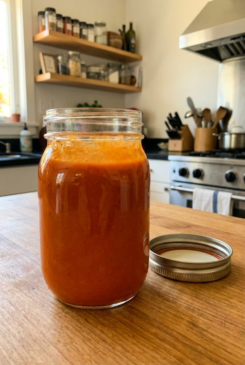 A glass jar of Buffalo sauce with a lid beside it on a kitchen counter