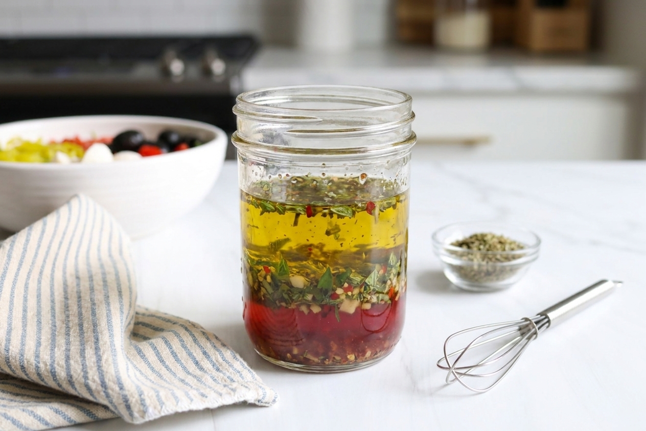 A glass jar of Italian vinaigrette with olive oil, red wine vinegar, and herbs visible through the glass on a kitchen counter
