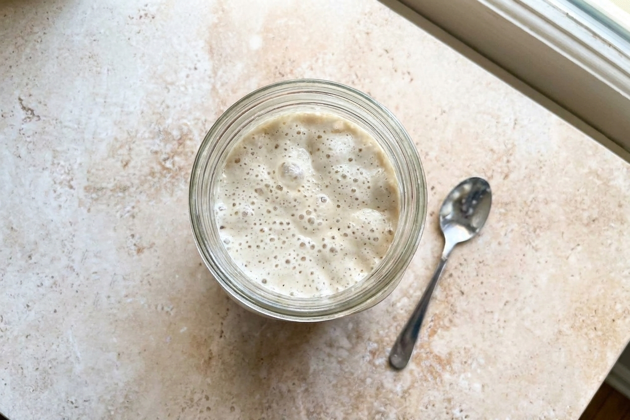 A glass jar of active bubbly sourdough starter on a kitchen counter next to a small spoon