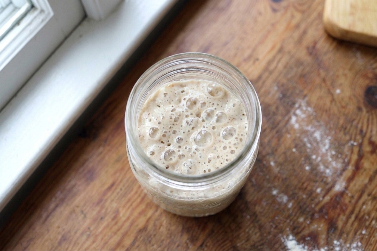 A glass jar of active sourdough starter at peak rise with visible bubbles on a bright kitchen counter