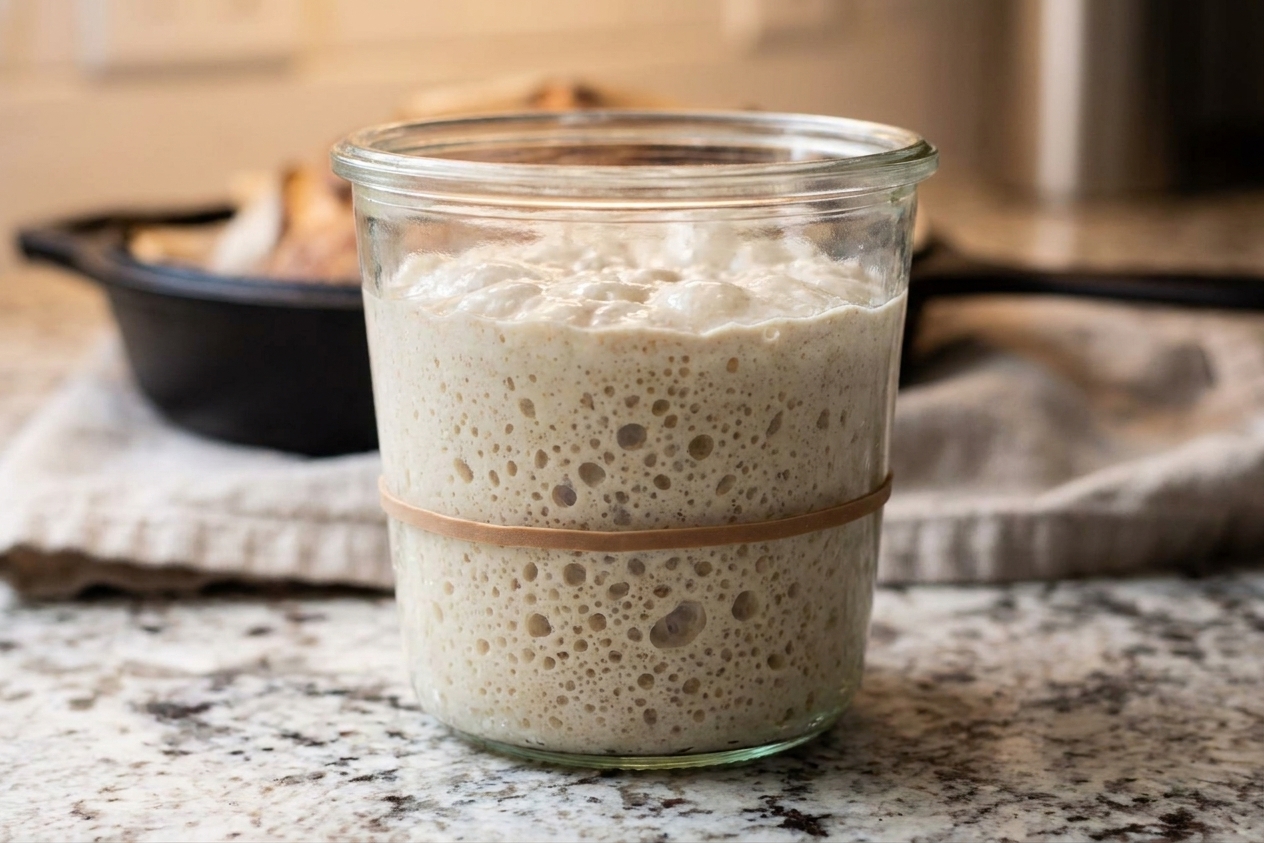 A glass jar of active sourdough starter with bubbles on the surface sitting on a kitchen counter, with a rubber band marking the rise line