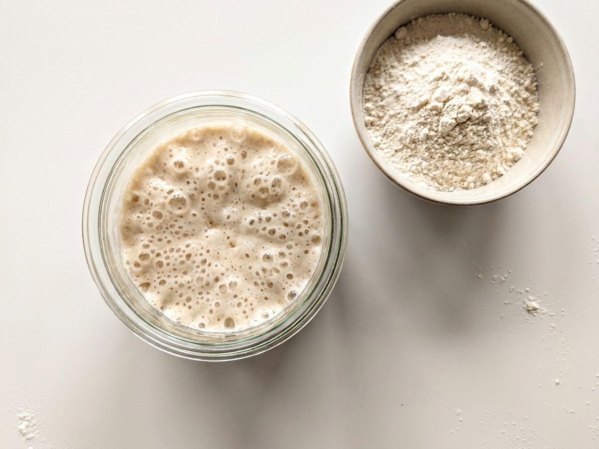A glass jar of active sourdough starter with bubbles on the surface sitting on a clean kitchen counter next to a small bowl of flour