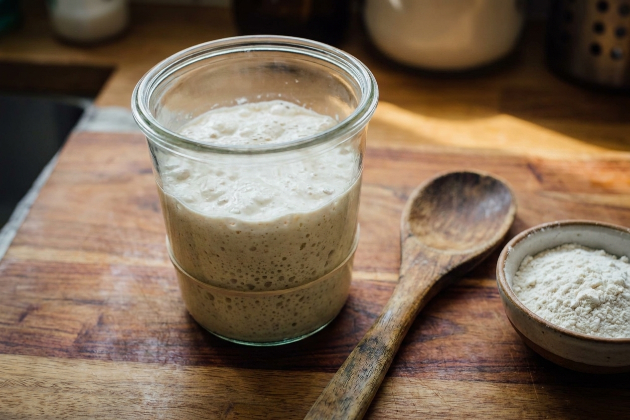 A glass jar of active sourdough starter with bubbles on top sitting on a kitchen counter next to a wooden spoon and a small bowl of flour