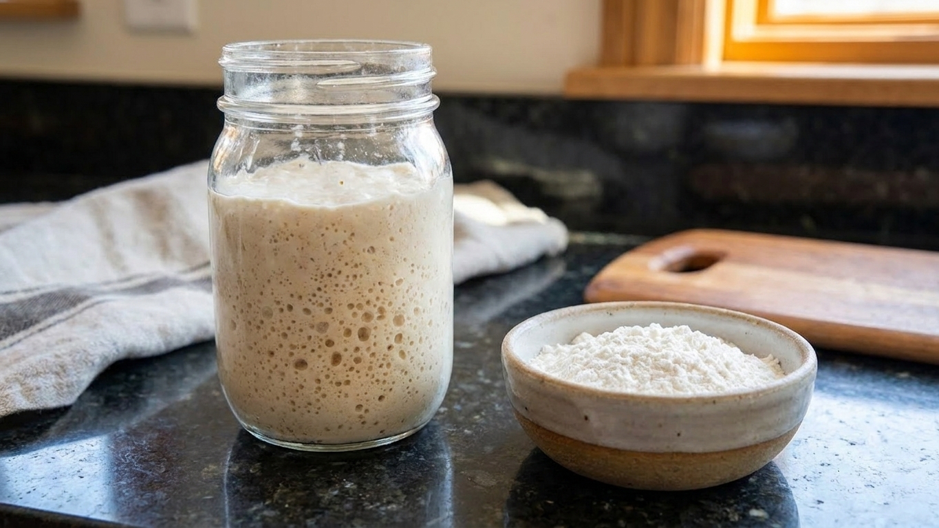 A glass jar of active sourdough starter with visible bubbles sitting on a clean kitchen counter next to a small bowl of flour