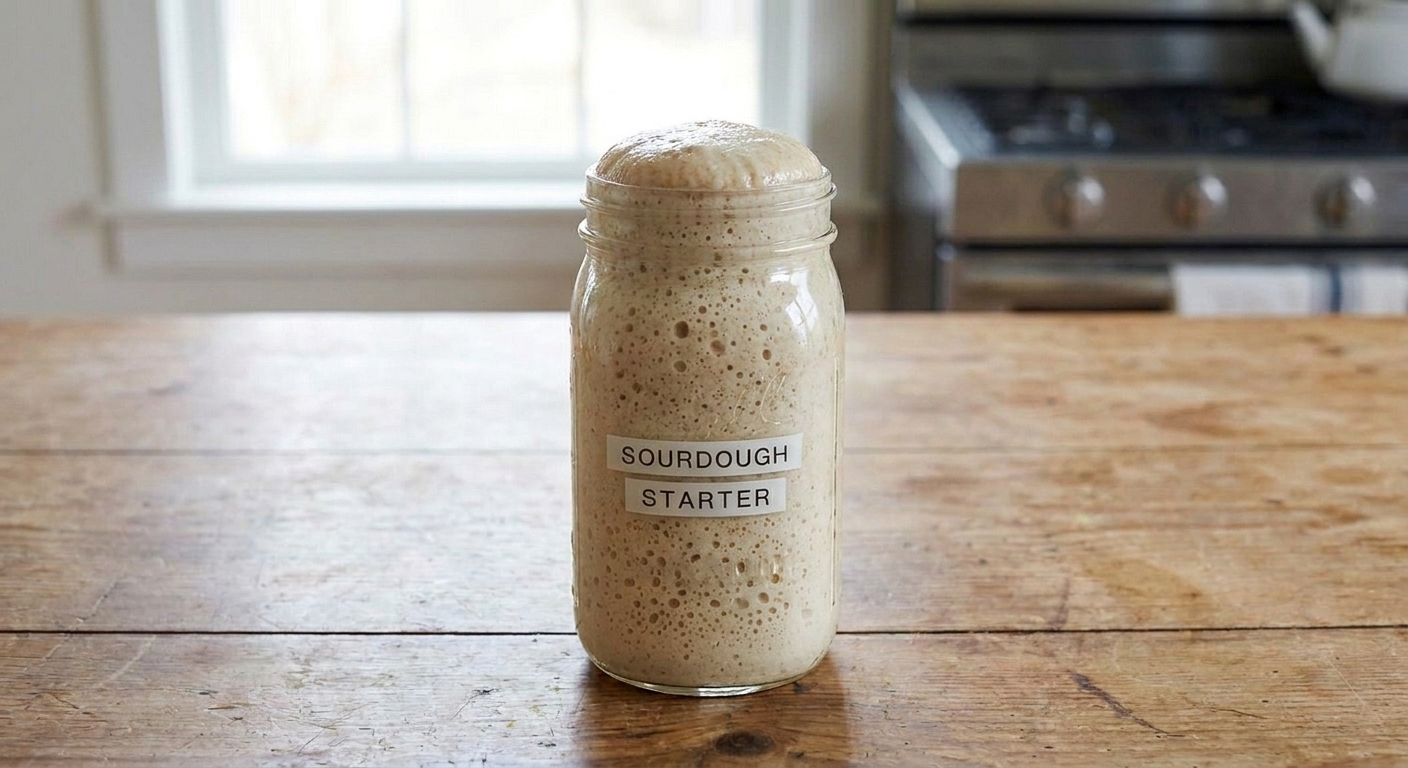A glass jar of active sourdough starter with visible bubbles and a domed top sitting on a clean kitchen counter
