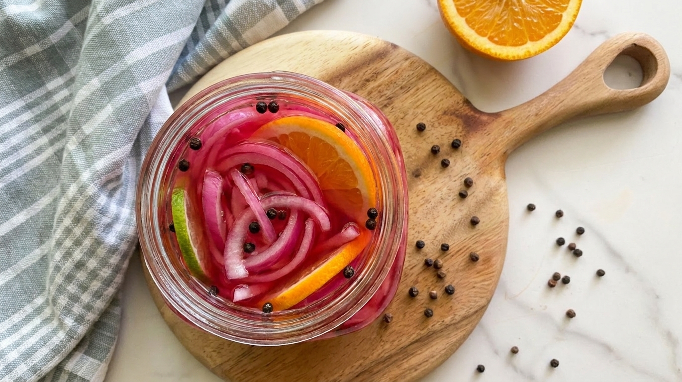 A glass jar of bright pink pickled red onions with visible peppercorns and citrus slices on a kitchen counter
