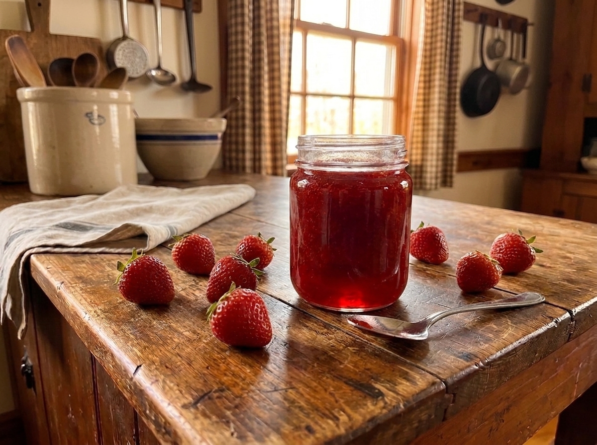 A glass jar of bright red strawberry freezer jam with a spoon beside it on a light kitchen counter, with fresh strawberries scattered nearby