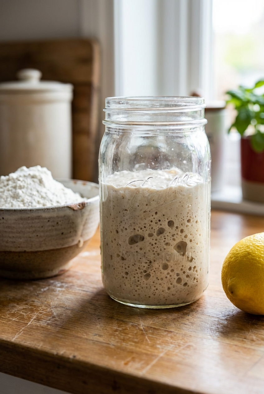 A glass jar of bubbly active sourdough starter on a kitchen counter next to a bowl of flour and a lemon