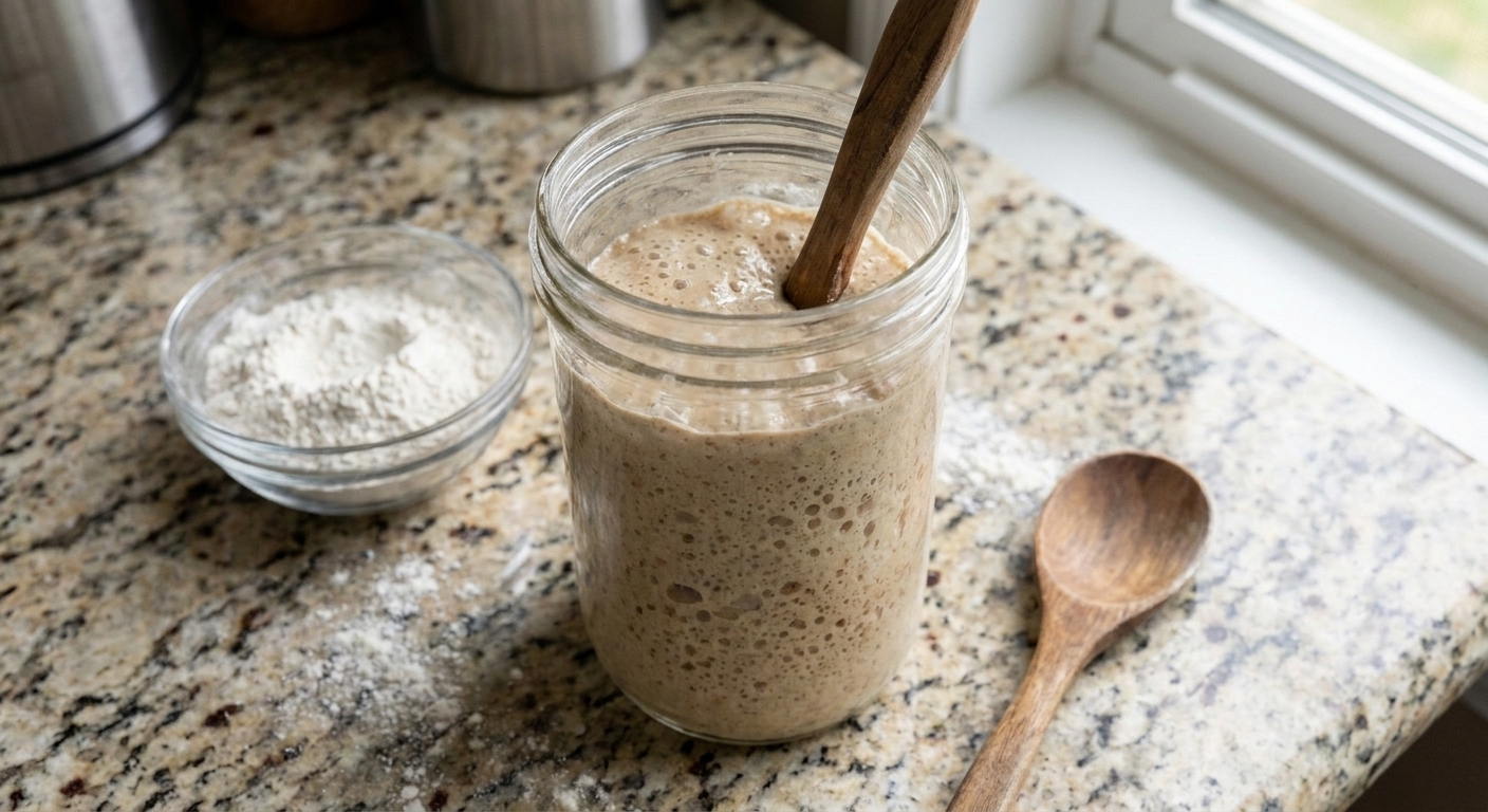 A glass jar of bubbly active sourdough starter on a kitchen counter next to flour and a wooden spoon