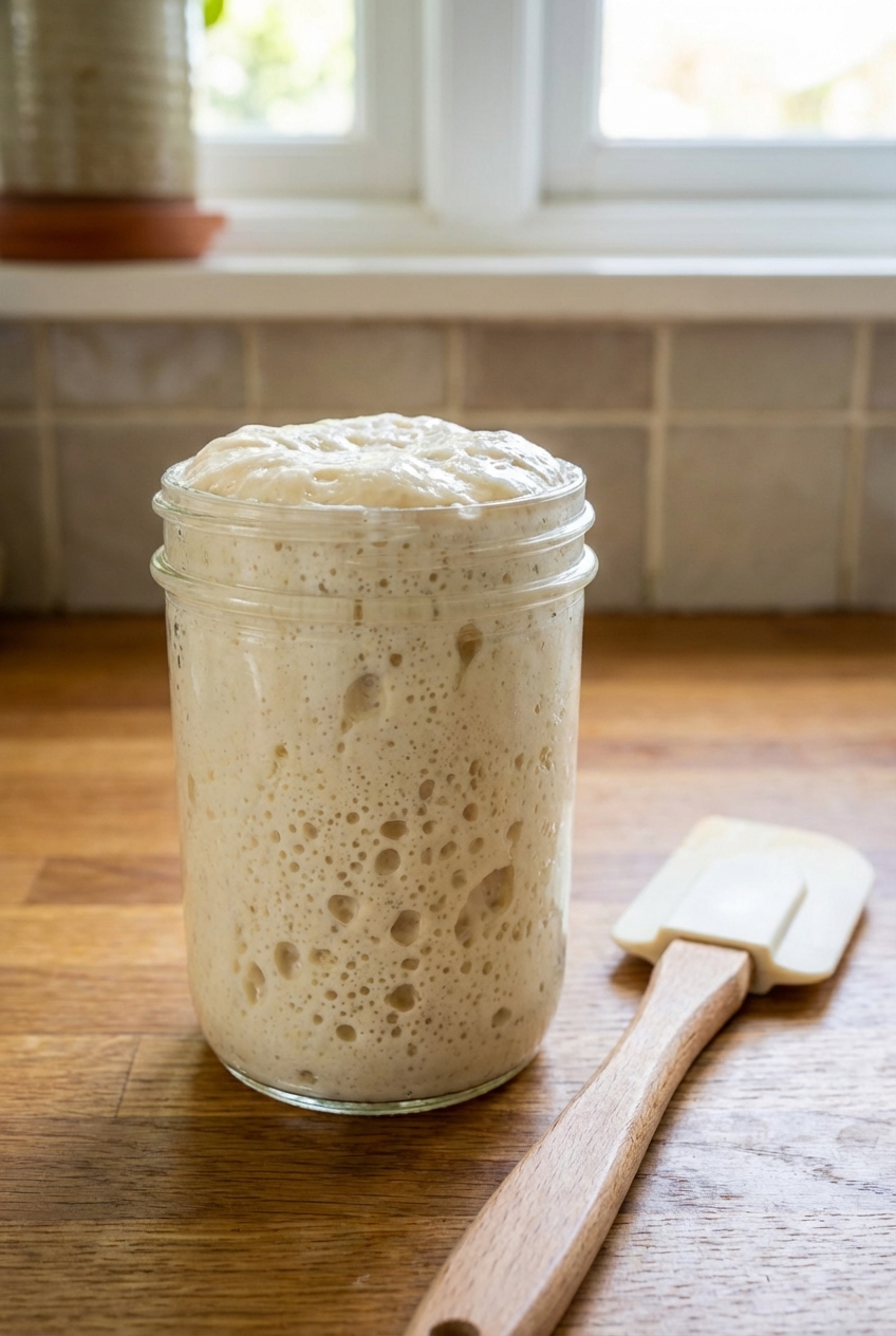 A glass jar of bubbly sourdough starter at peak rise on a kitchen counter next to a rubber spatula