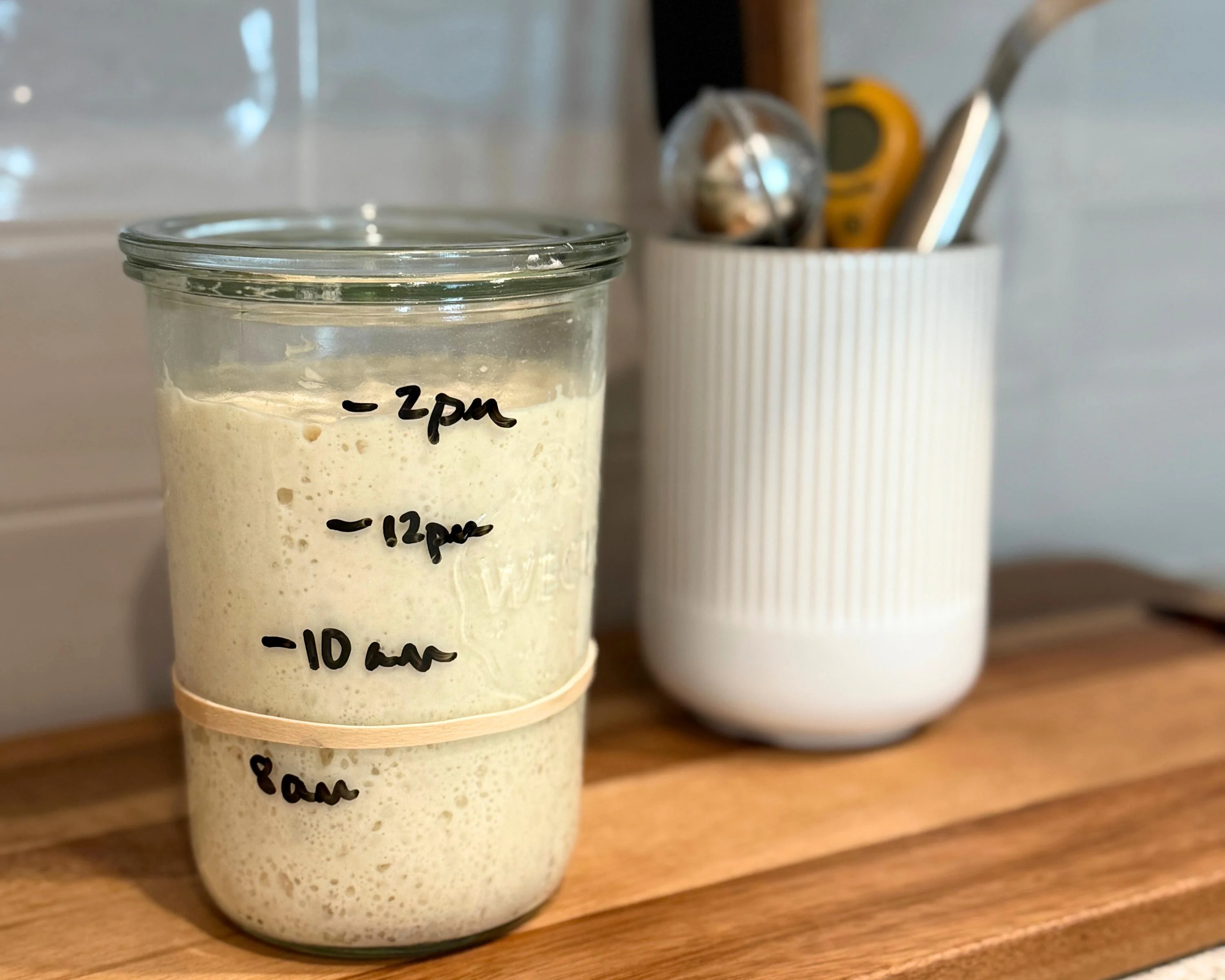 A glass jar of bubbly sourdough starter on a bright kitchen counter with a loose lid and a rubber band marking the rise line