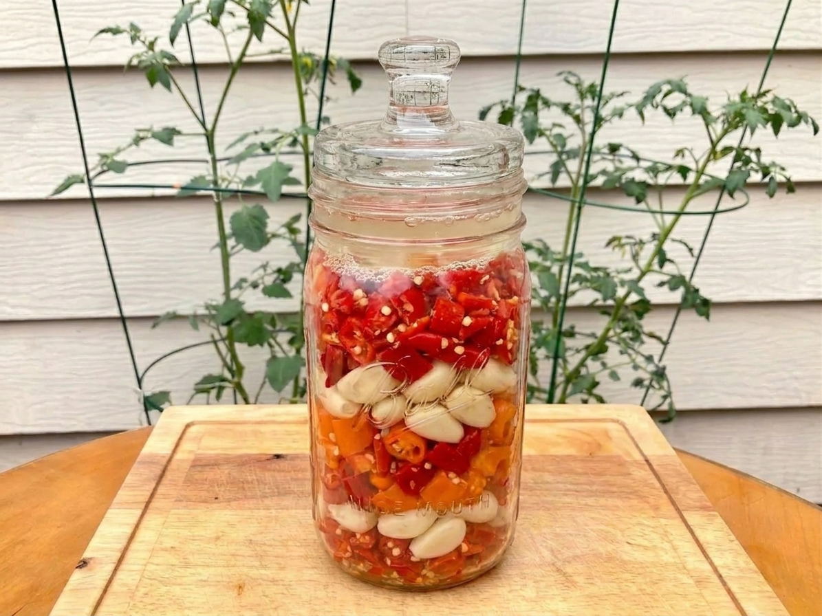 A glass jar of chiles submerged in brine with a glass fermentation weight holding the ingredients below the surface