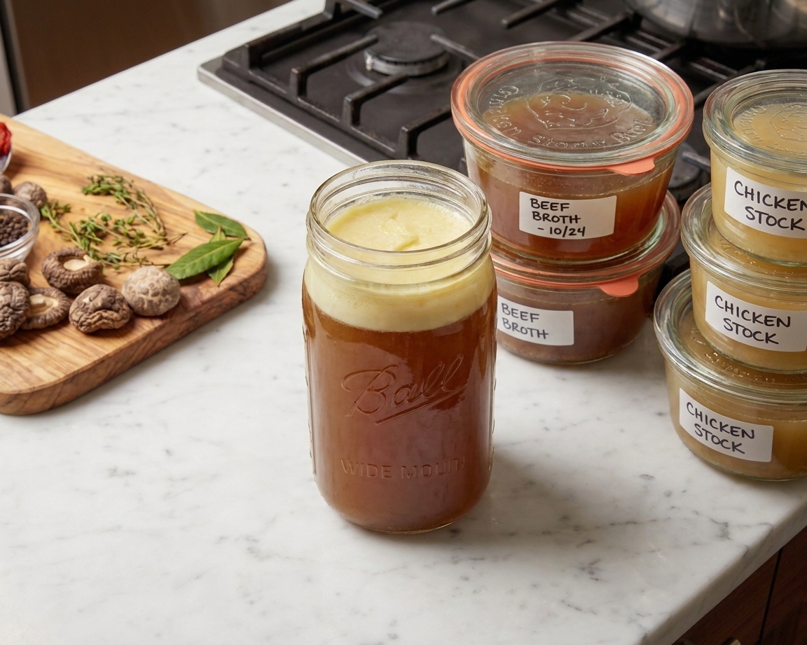 A glass jar of chilled beef broth with a thin fat cap on top sitting on a kitchen counter beside labeled storage containers