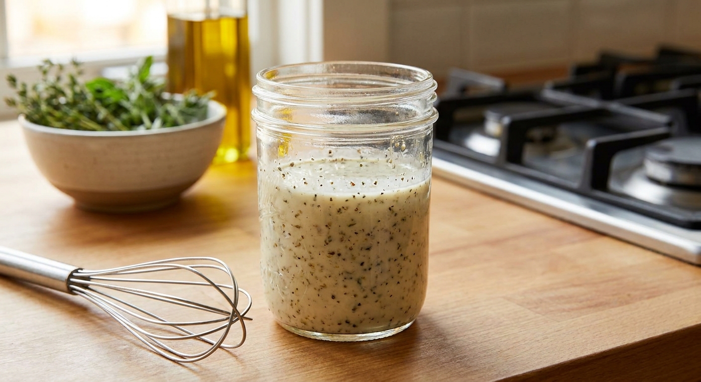 A glass jar of creamy Italian dressing with visible specks of herbs and black pepper sitting on a kitchen counter beside a whisk