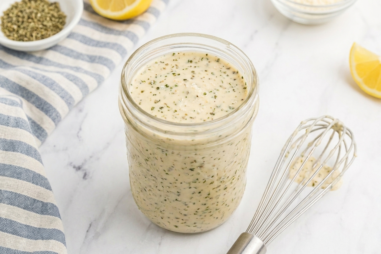 A glass jar of creamy Italian pasta salad dressing with visible flecks of dried herbs and finely grated Parmesan on a bright kitchen counter, with a whisk resting beside it