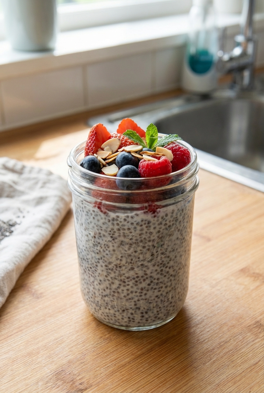 A glass jar of creamy chia pudding topped with fresh berries and sliced almonds on a bright kitchen counter