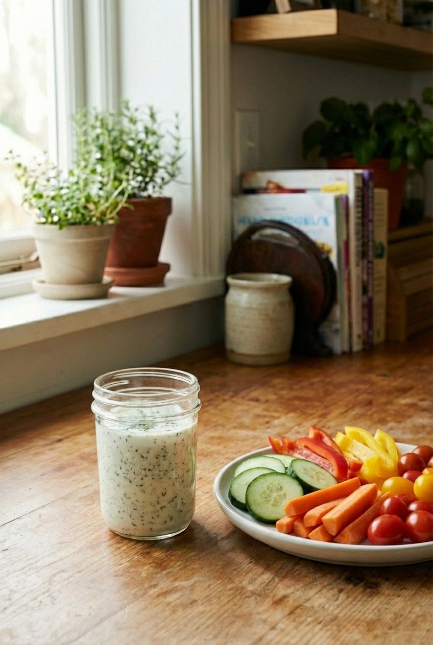 A glass jar of creamy ranch-style dressing with herbs next to a plate of cut vegetables