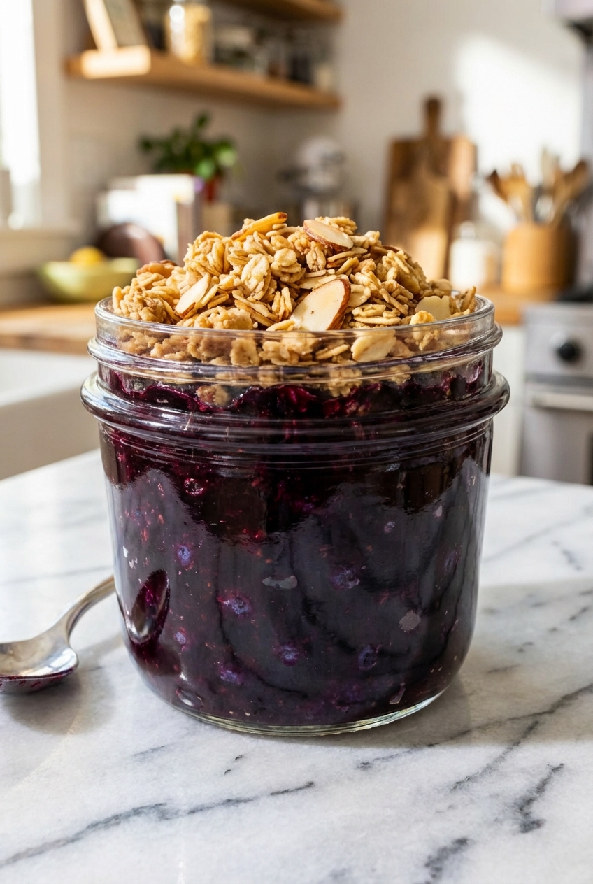 A glass jar of deep purple blueberry jam topped with a golden oat-almond crunchy crumble on a marble countertop