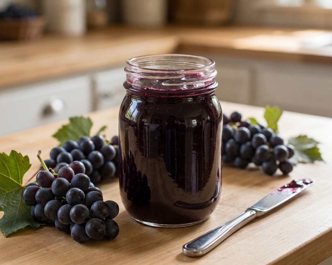 A glass jar of deep purple grape jelly on a light kitchen counter with grapes scattered nearby and a butter knife resting beside the jar